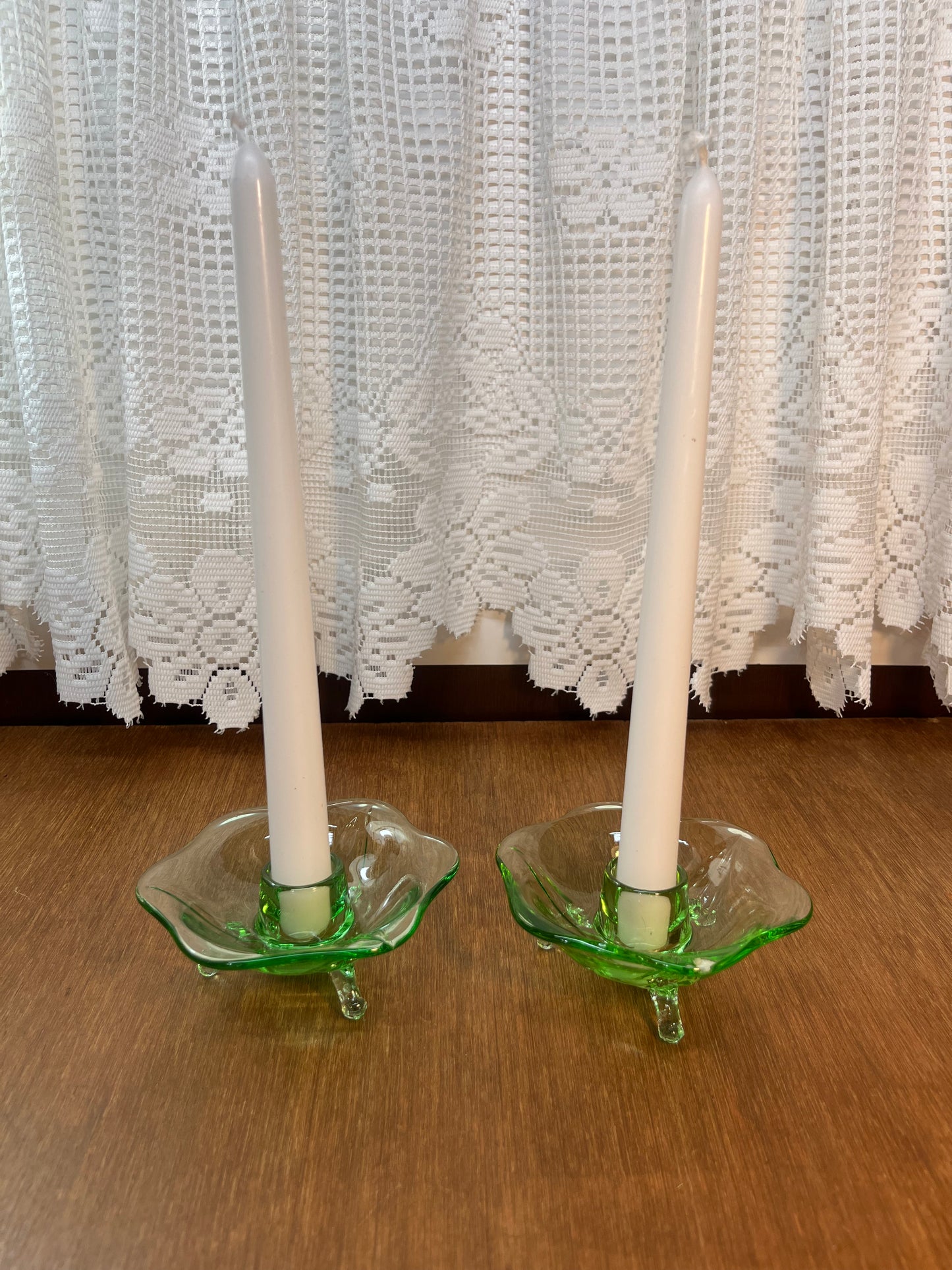 Vintage Set Of Uranium Glass Lotus Candle Holders