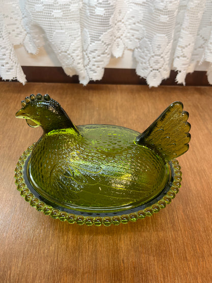 Vintage Olive Green Indiana Glass Hen On Nest