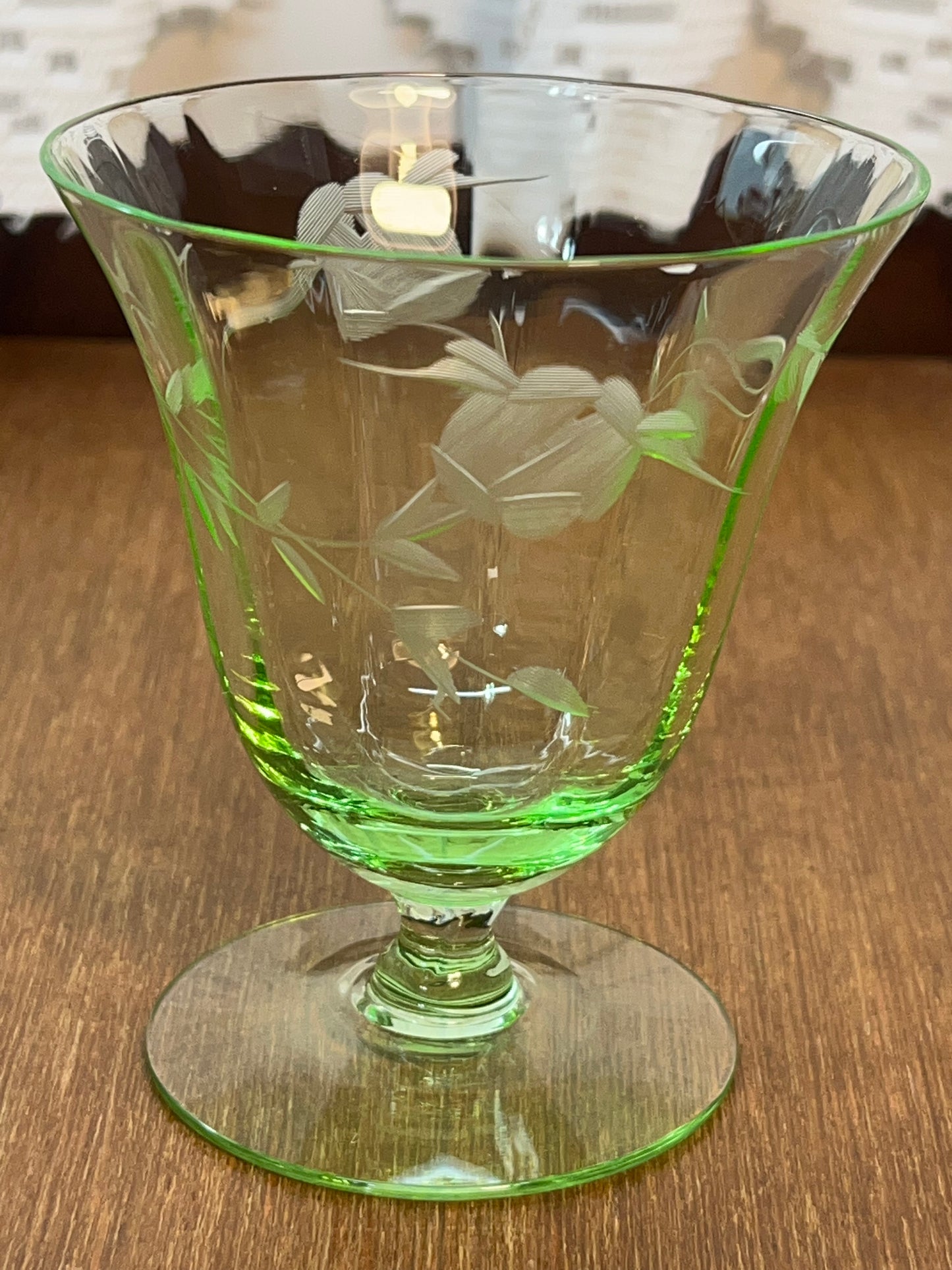 Vintage Short Uranium Floral Etched Glass