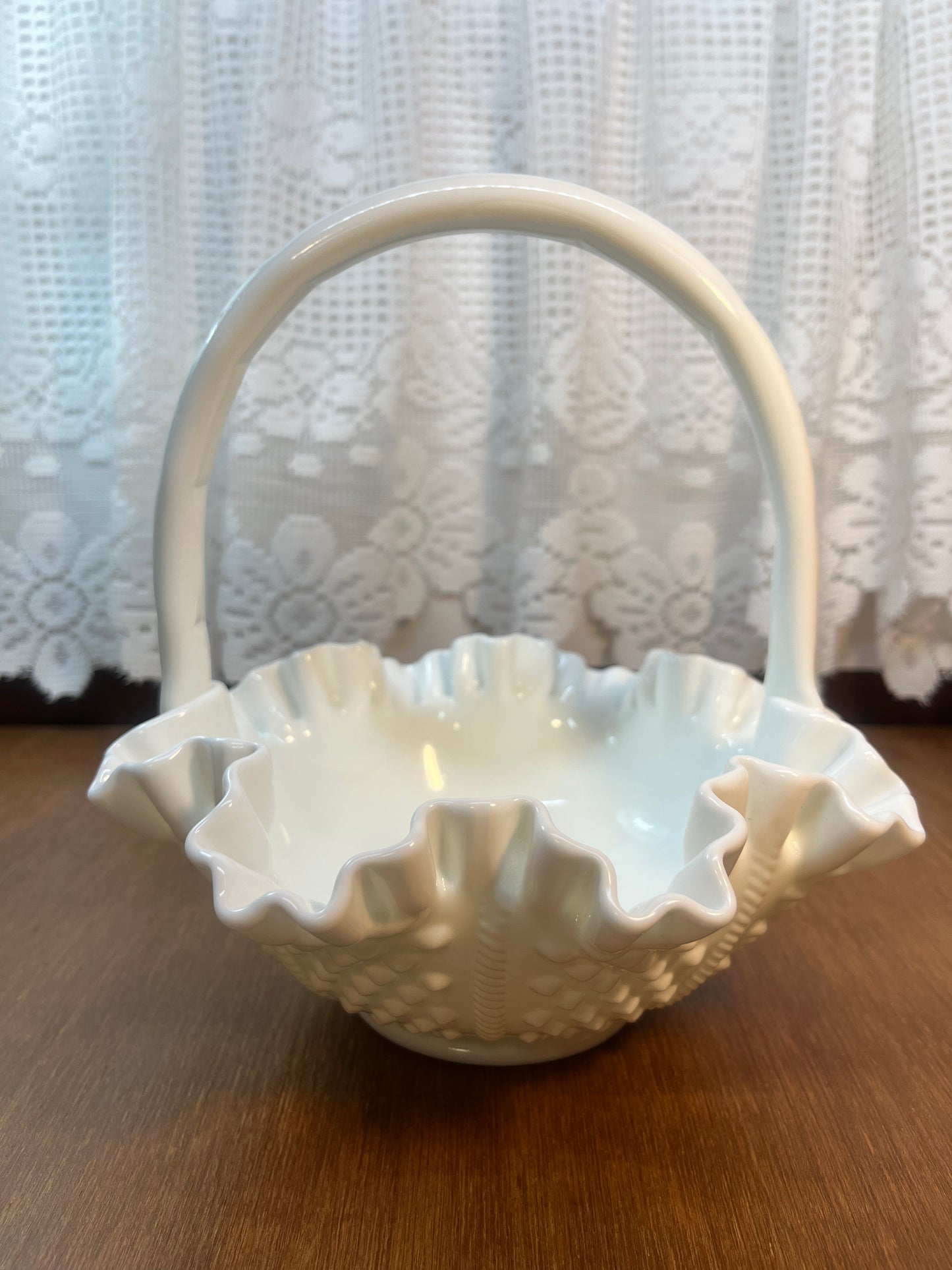 Vintage Milk Glass Fenton Hobnail Basket