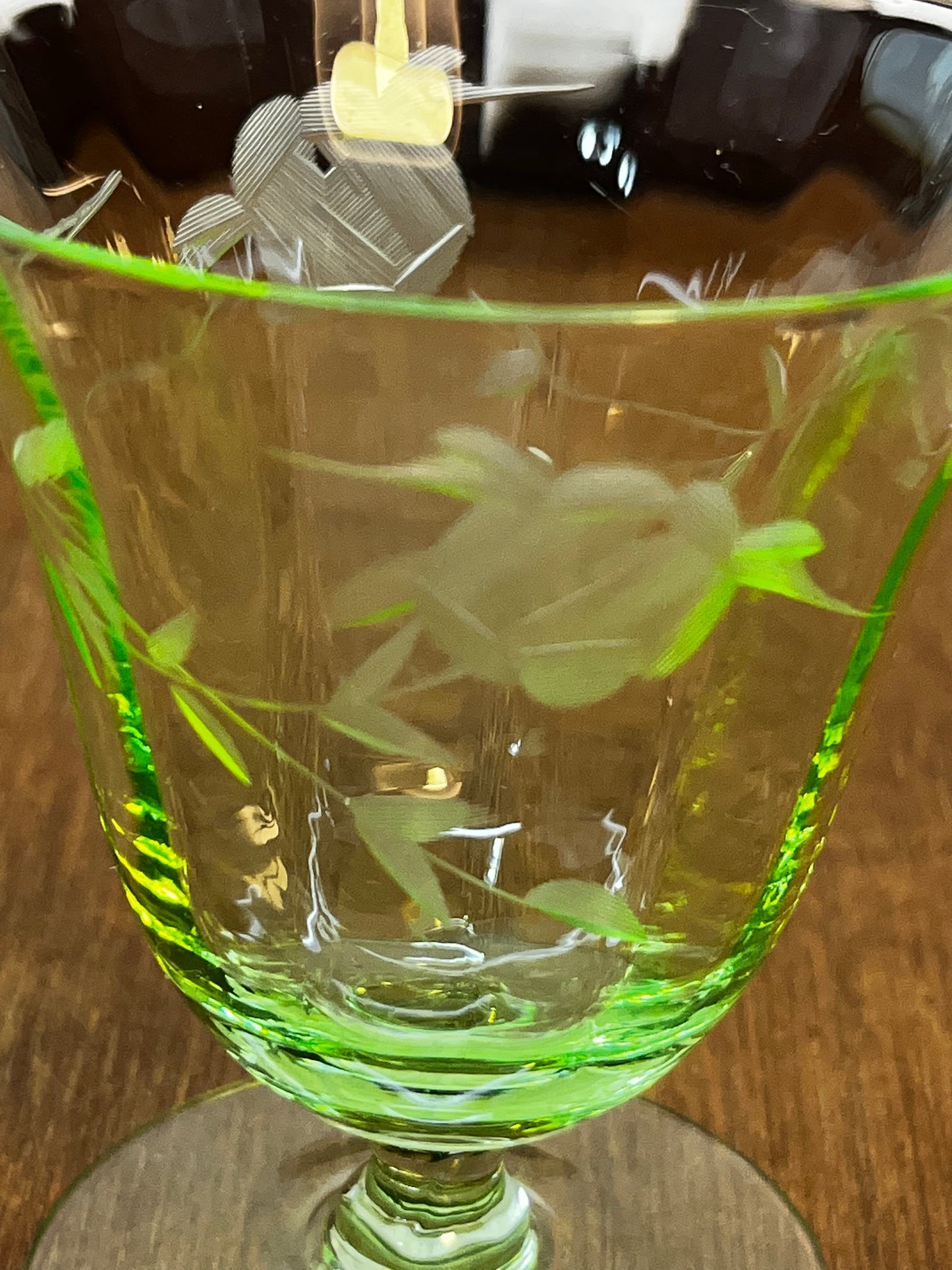 Vintage Short Uranium Floral Etched Glass