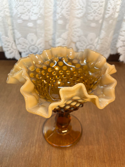 Vintage Amber Opalescent Fenton Ruffle Top Hobnail Pedestal Dish