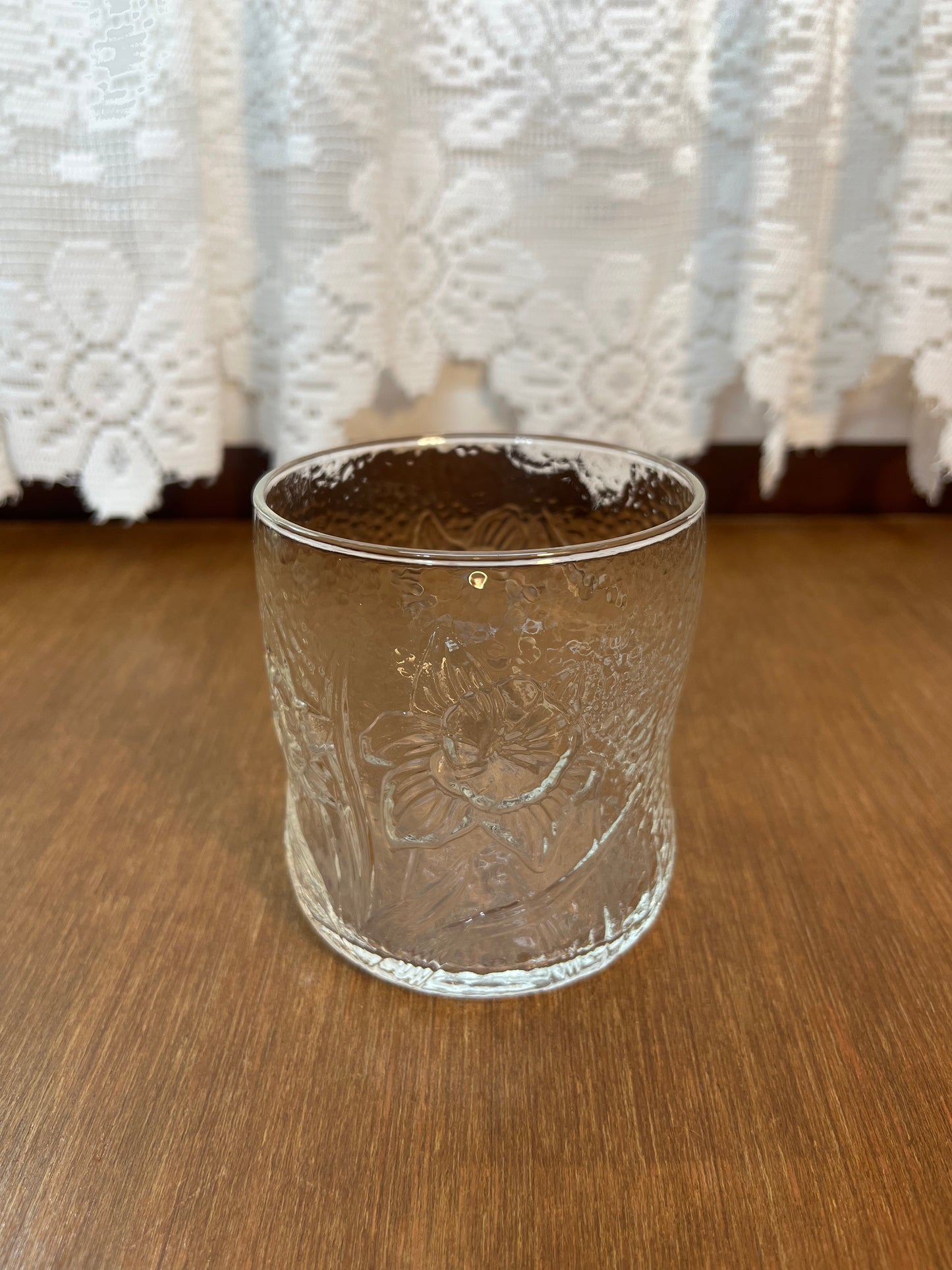 Two Vintage Clear Glass Floral Cups