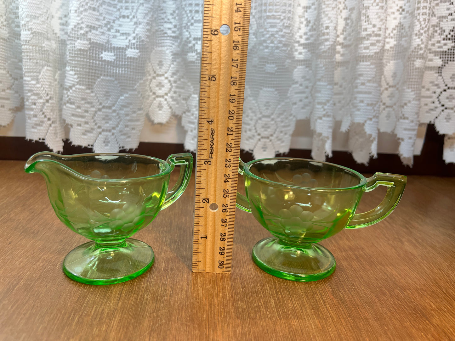 Vintage Floral Etched Uranium Cream & Sugar Glass Set