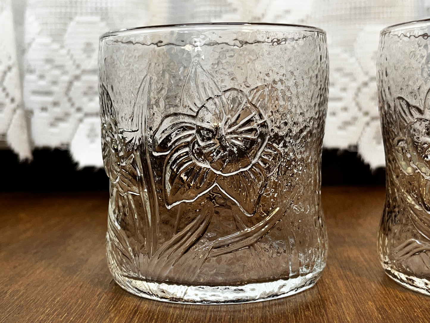 Two Vintage Clear Glass Floral Cups