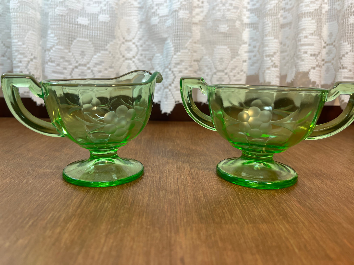 Vintage Floral Etched Uranium Cream & Sugar Glass Set