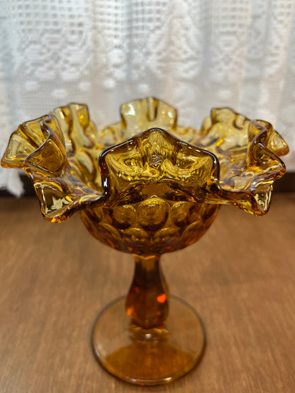 Vintage Amber Thumbprint Fenton Ruffle Top Pedestal Dish