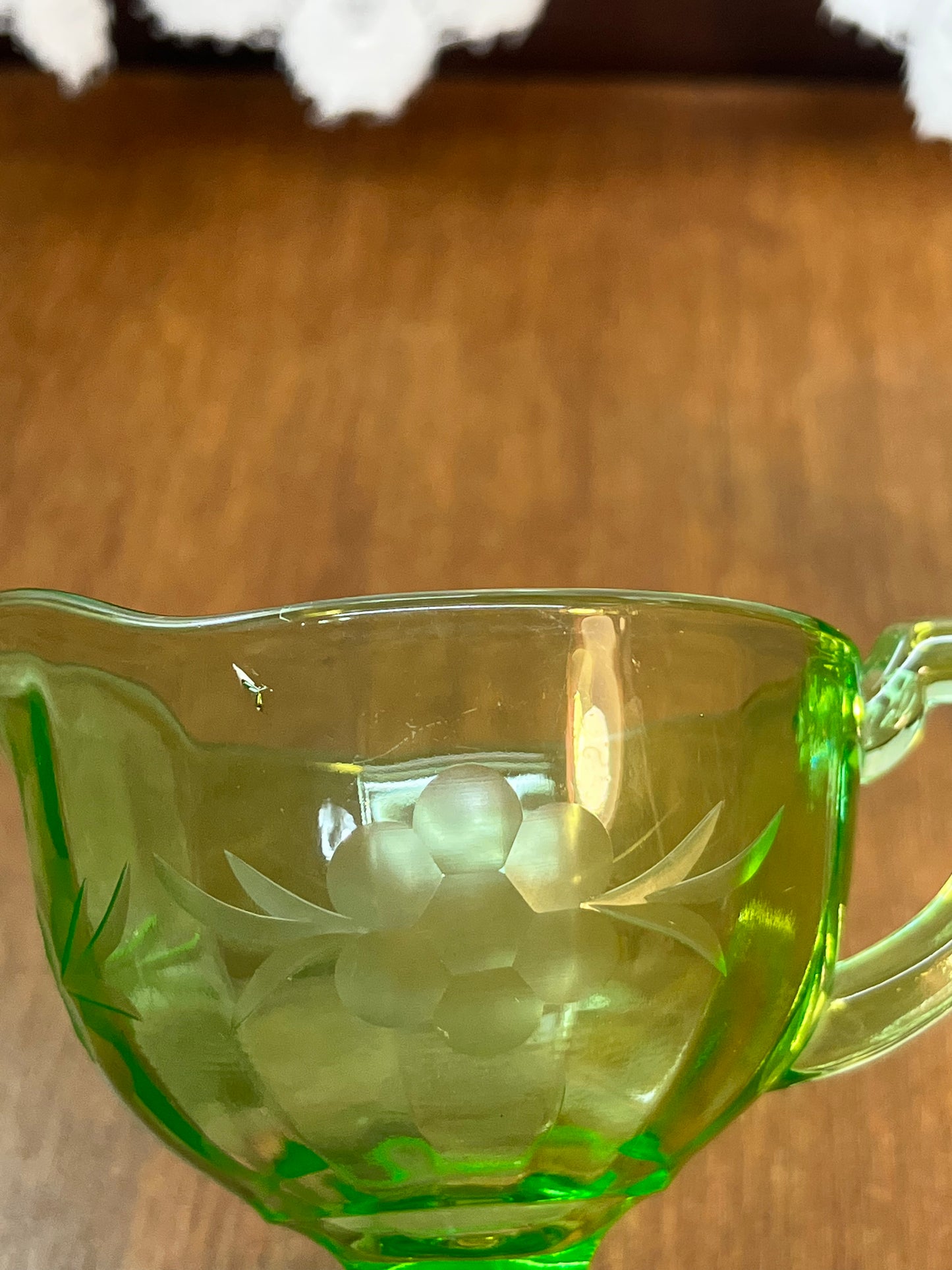 Vintage Floral Etched Uranium Cream & Sugar Glass Set