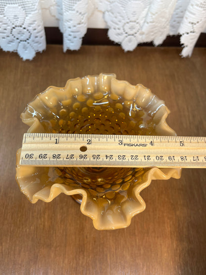 Vintage Amber Opalescent Fenton Ruffle Top Hobnail Pedestal Dish