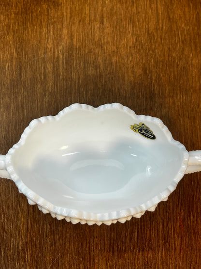 Vintage Milk Glass Hobnail Fenton Oval Nut Bowl With Handles