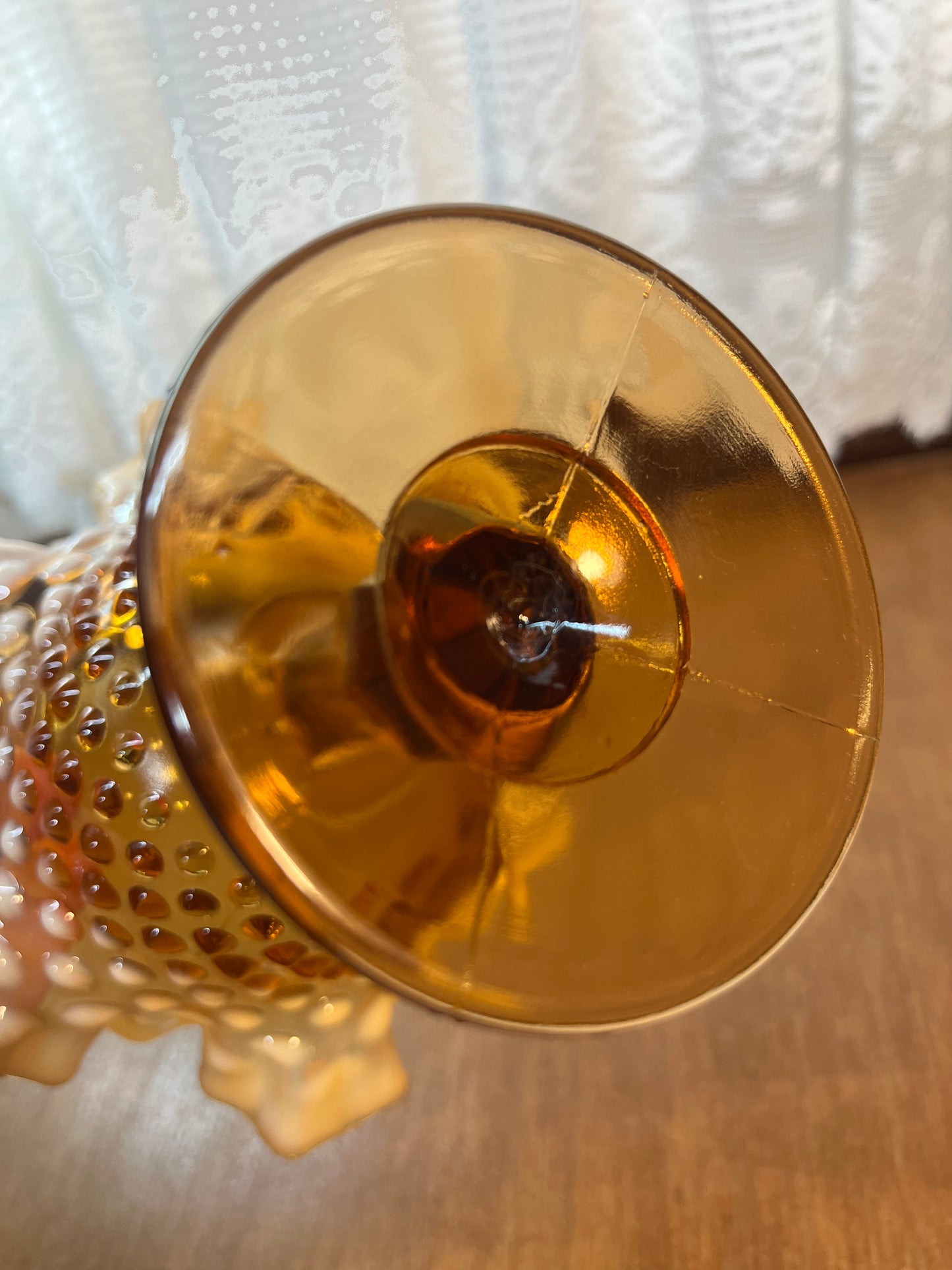 Vintage Amber Opalescent Fenton Ruffle Top Hobnail Pedestal Dish