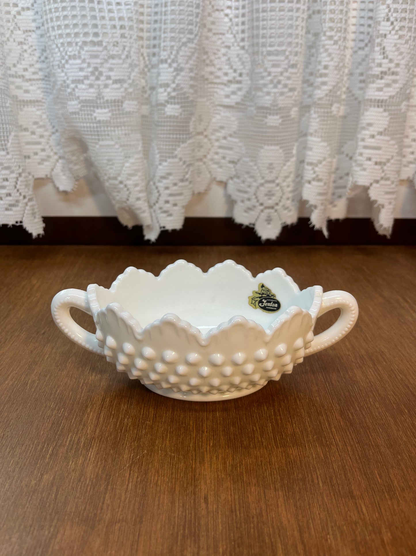 Vintage Milk Glass Hobnail Fenton Oval Nut Bowl With Handles