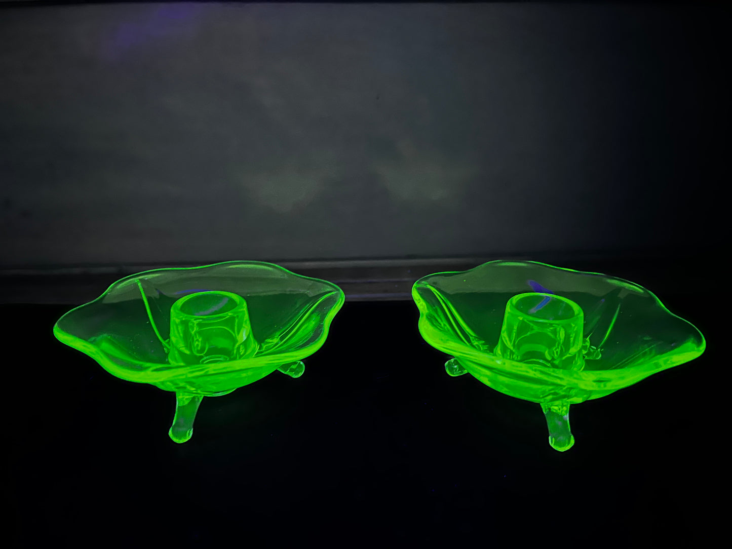 Vintage Set Of Uranium Glass Lotus Candle Holders