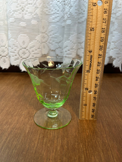 Vintage Short Uranium Floral Etched Glass