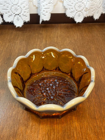 Vintage Amber Art Glass Fenton Scallop Top Grape Bowl