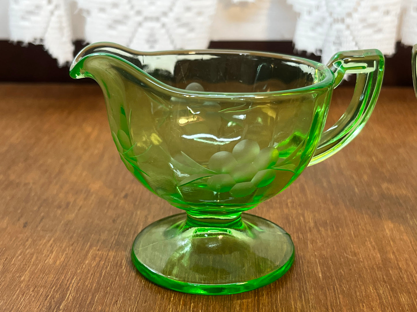 Vintage Floral Etched Uranium Cream & Sugar Glass Set