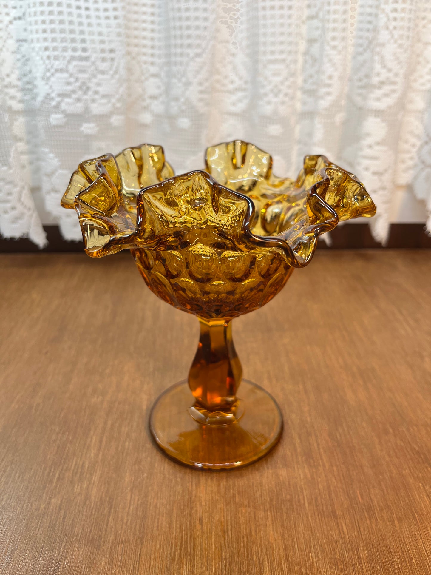 Vintage Amber Thumbprint Fenton Ruffle Top Pedestal Dish