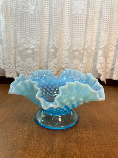 Vintage Opalescent Blue & White Ruffle Top Hobnail Pedestal Dish