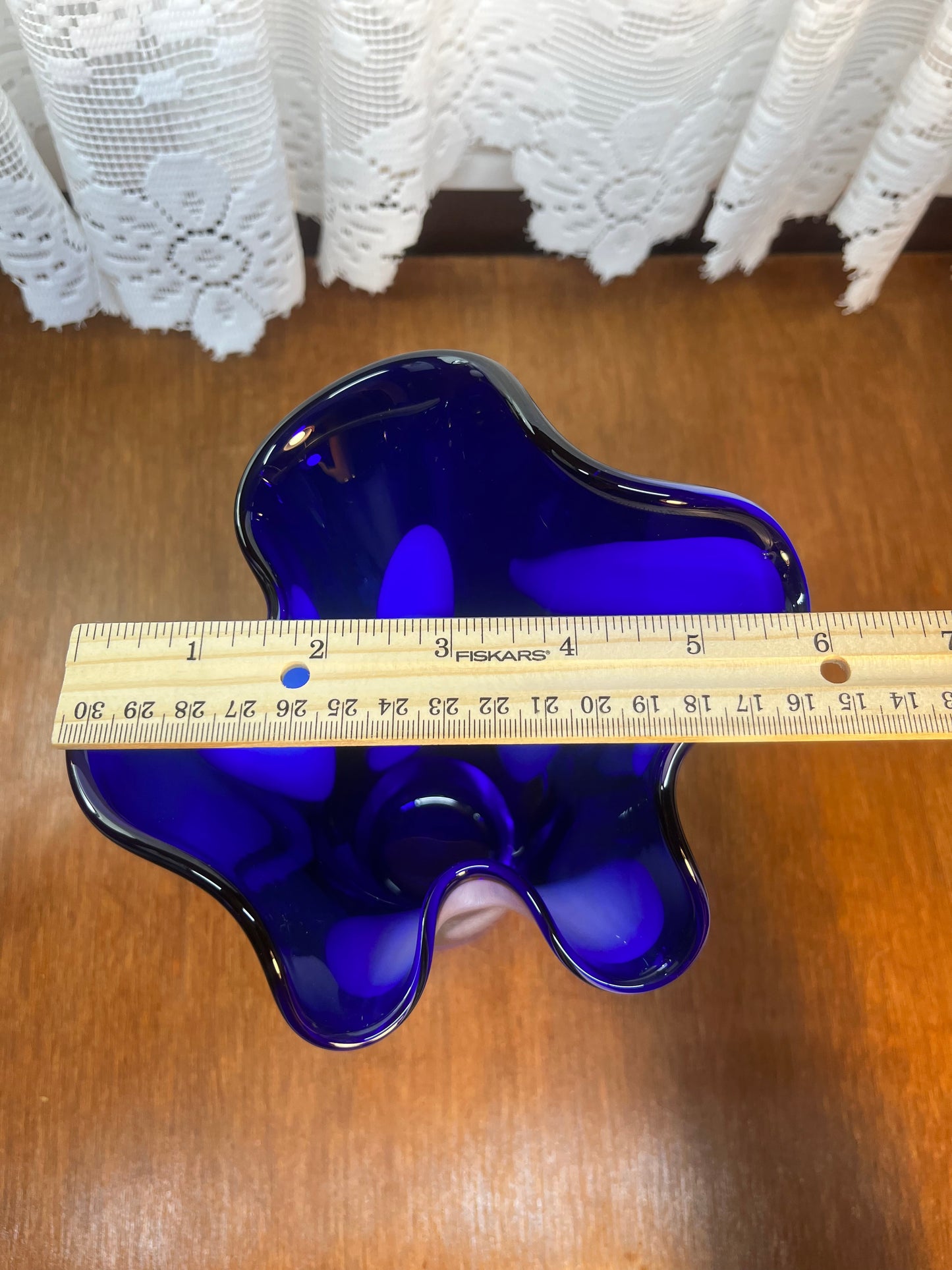 Art Glass Ruffle Top Cobalt Blue With White Spots Vase