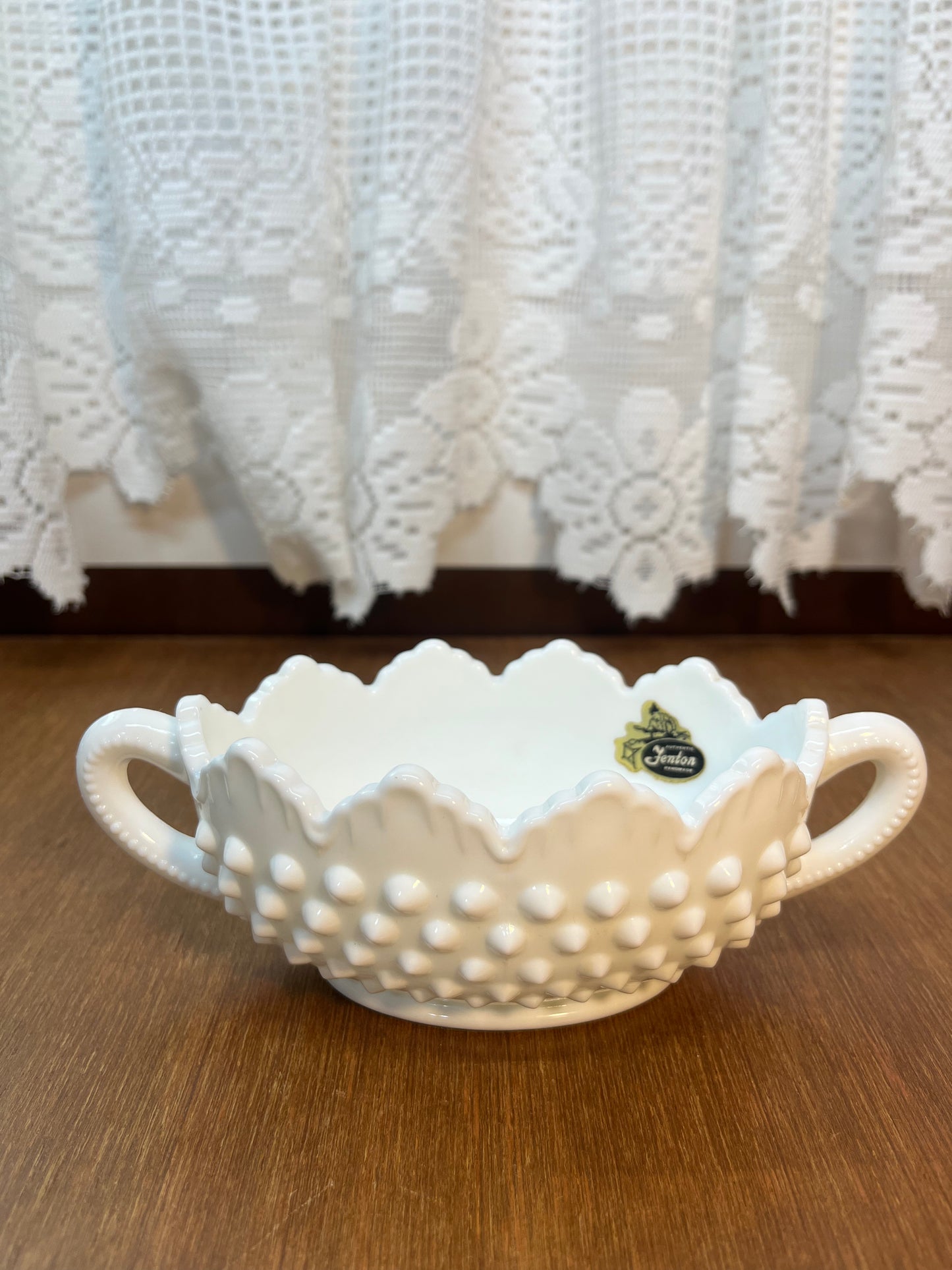 Vintage Milk Glass Hobnail Fenton Oval Nut Bowl With Handles