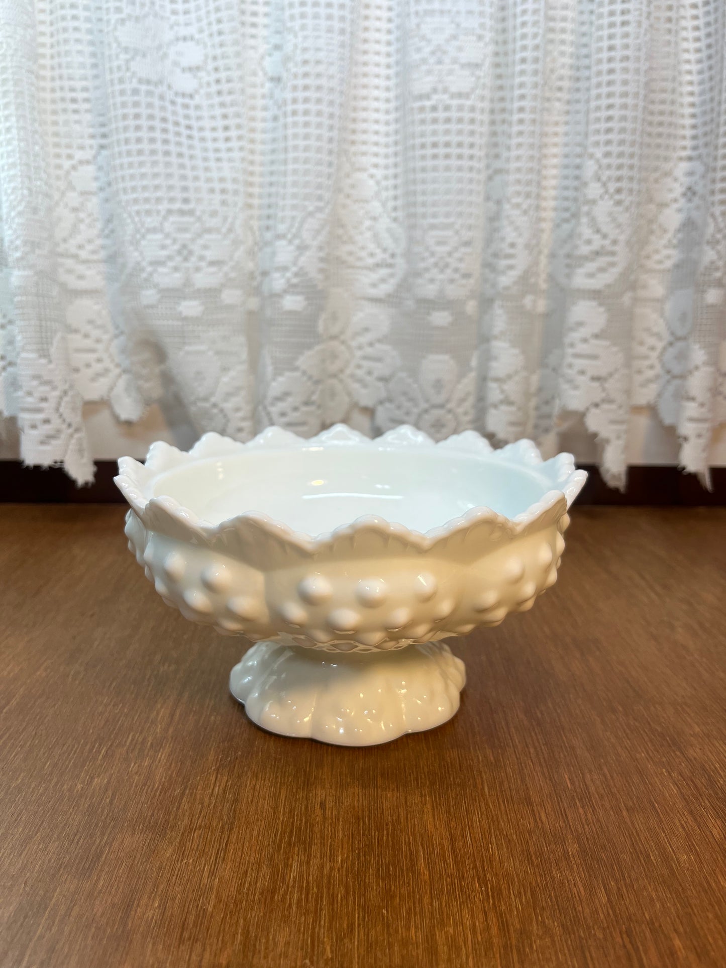 Vintage Milk Glass Hobnail Fenton Saw Tooth Pedestal Candy Bowl