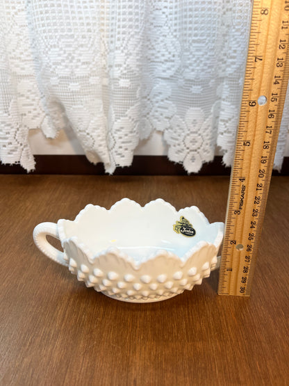 Vintage Milk Glass Hobnail Fenton Oval Nut Bowl With Handles