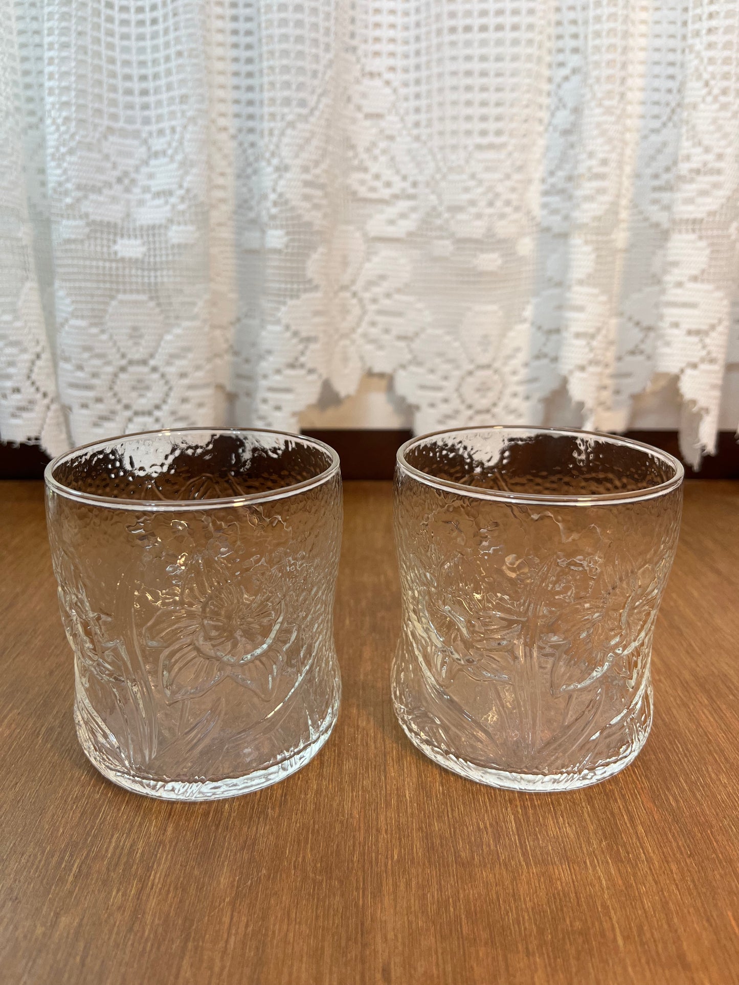 Two Vintage Clear Glass Floral Cups