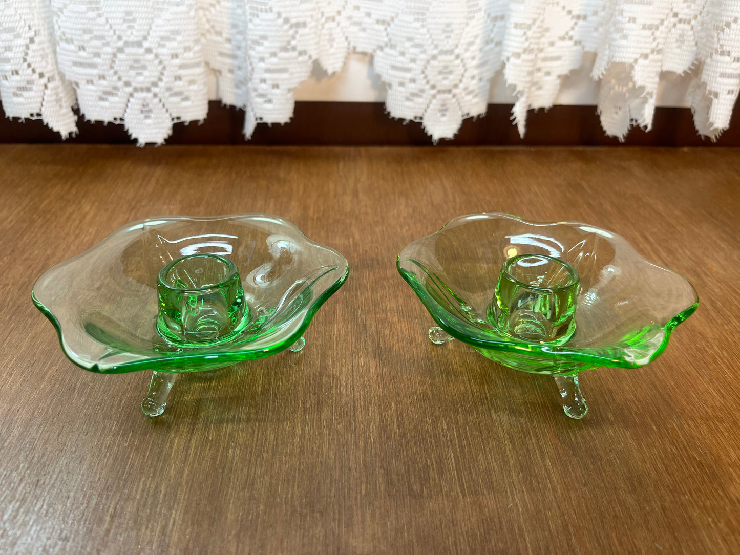 Vintage Set Of Uranium Glass Lotus Candle Holders