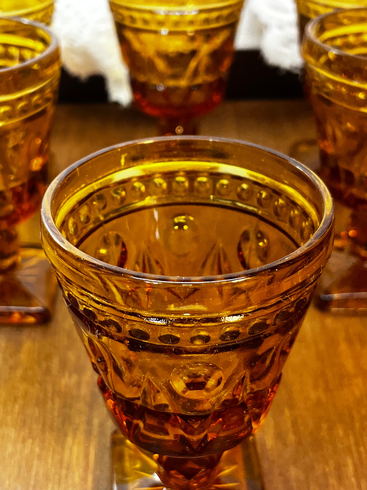 Eight Vintage Amber Indiana Glass Colony Park Lane Drinking Glasses