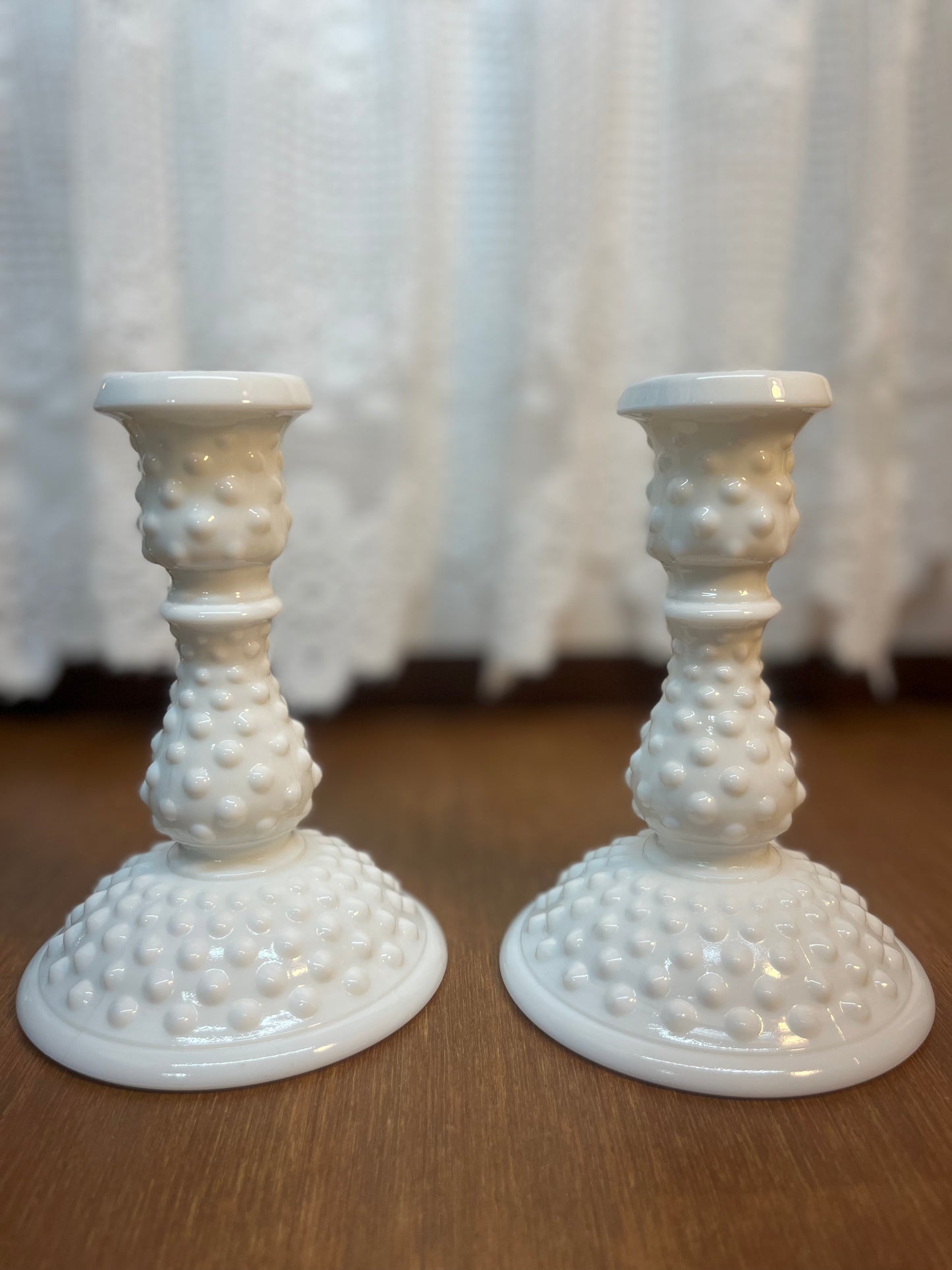 Vintage Milk Glass Hobnail Candle Holder Set