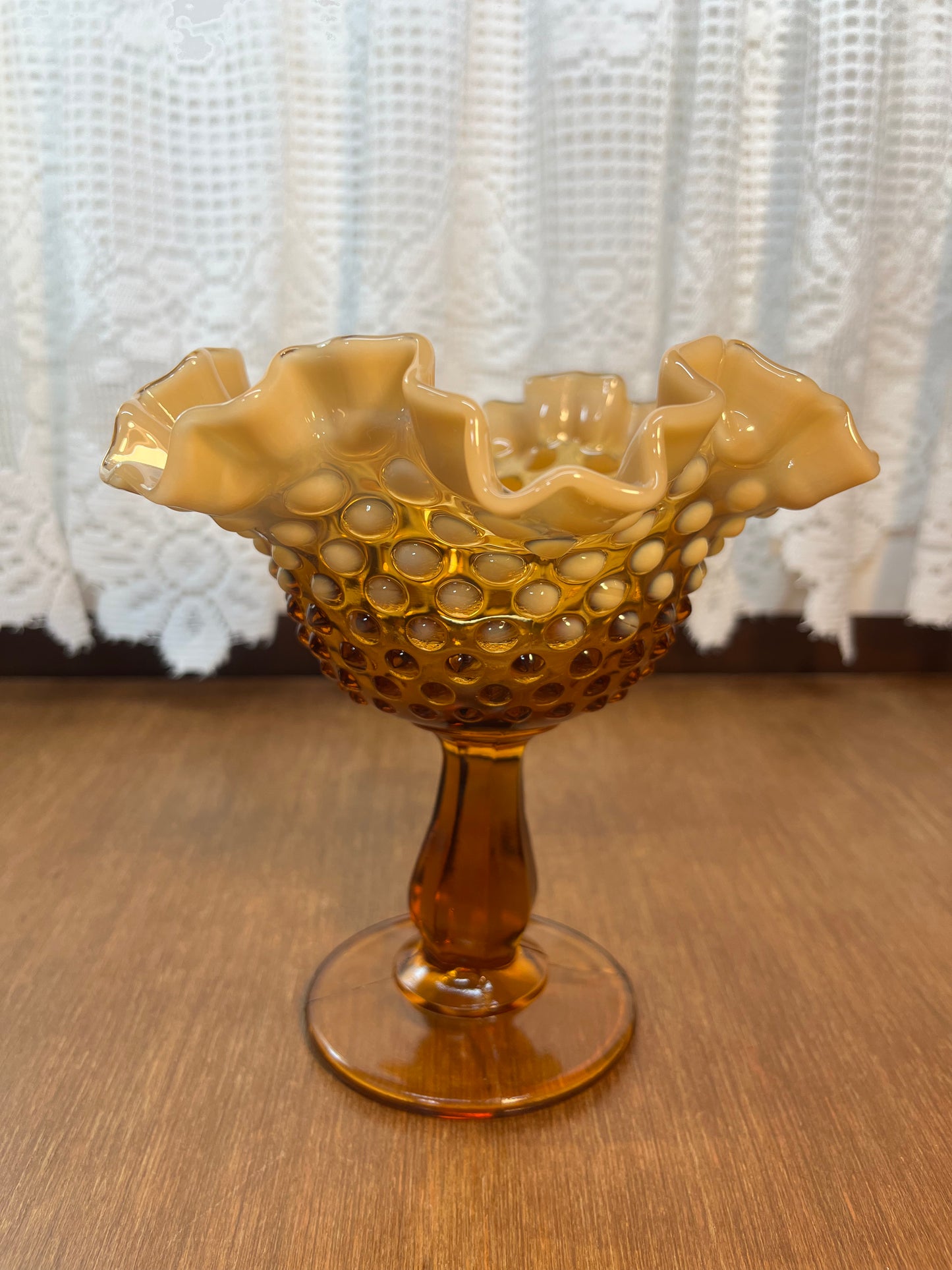 Vintage Amber Opalescent Fenton Ruffle Top Hobnail Pedestal Dish