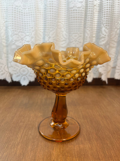 Vintage Amber Opalescent Fenton Ruffle Top Hobnail Pedestal Dish