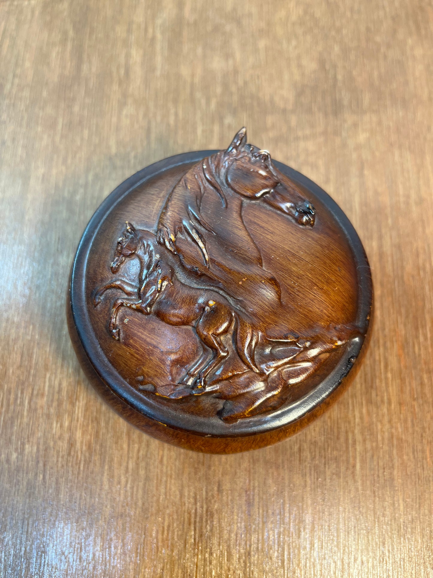 Wooden Horse Resin Round Trinket Box