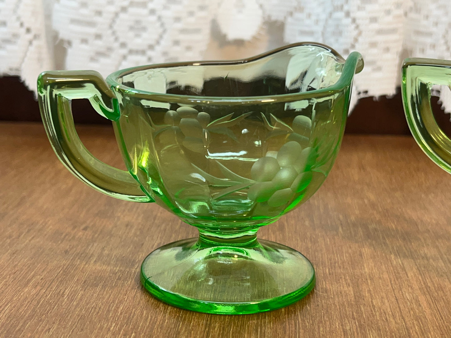 Vintage Floral Etched Uranium Cream & Sugar Glass Set