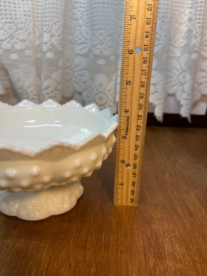 Vintage Milk Glass Hobnail Fenton Saw Tooth Pedestal Candy Bowl