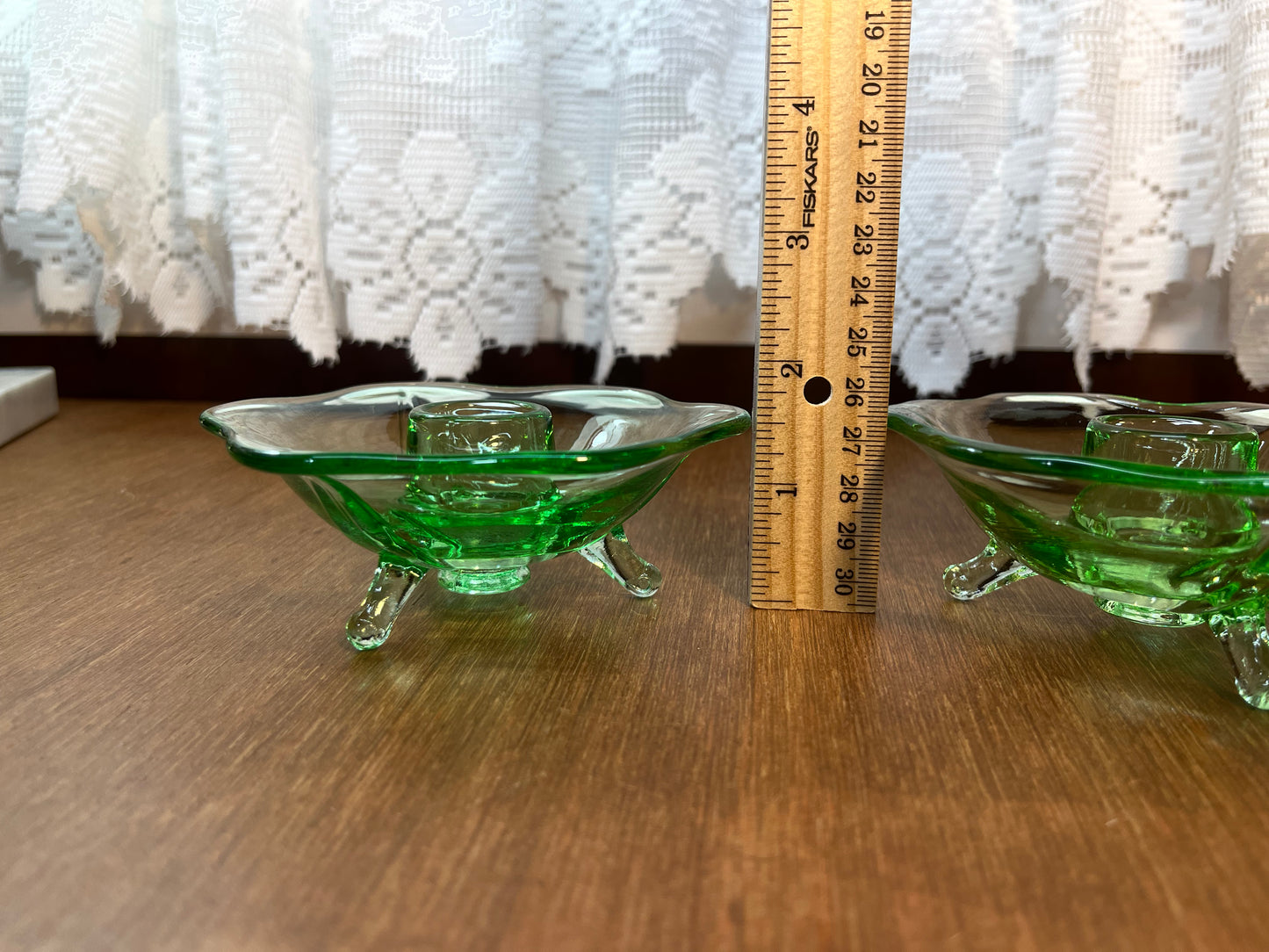 Vintage Set Of Uranium Glass Lotus Candle Holders