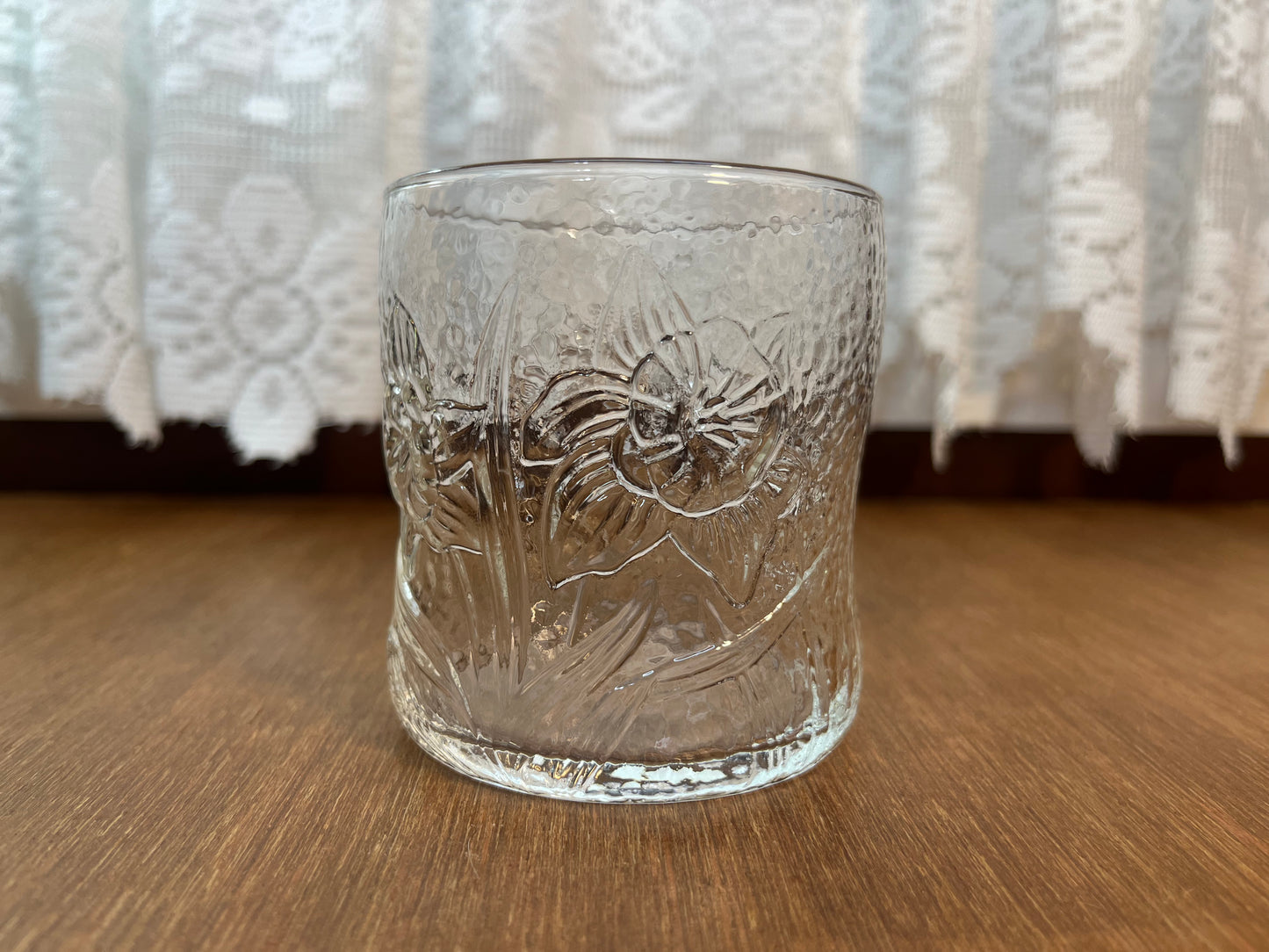 Two Vintage Clear Glass Floral Cups