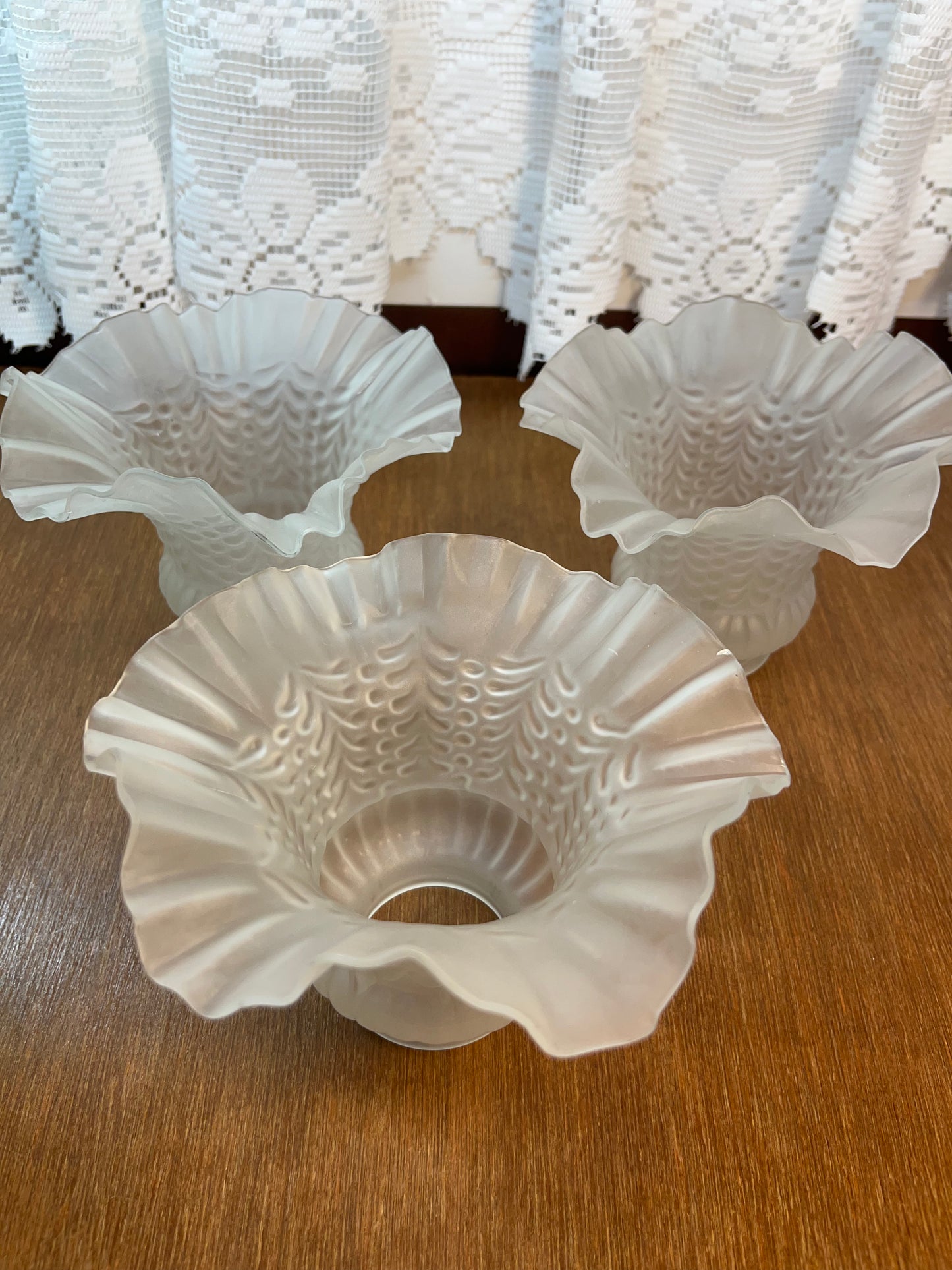 Three Frosted Ruffled Glass Shades