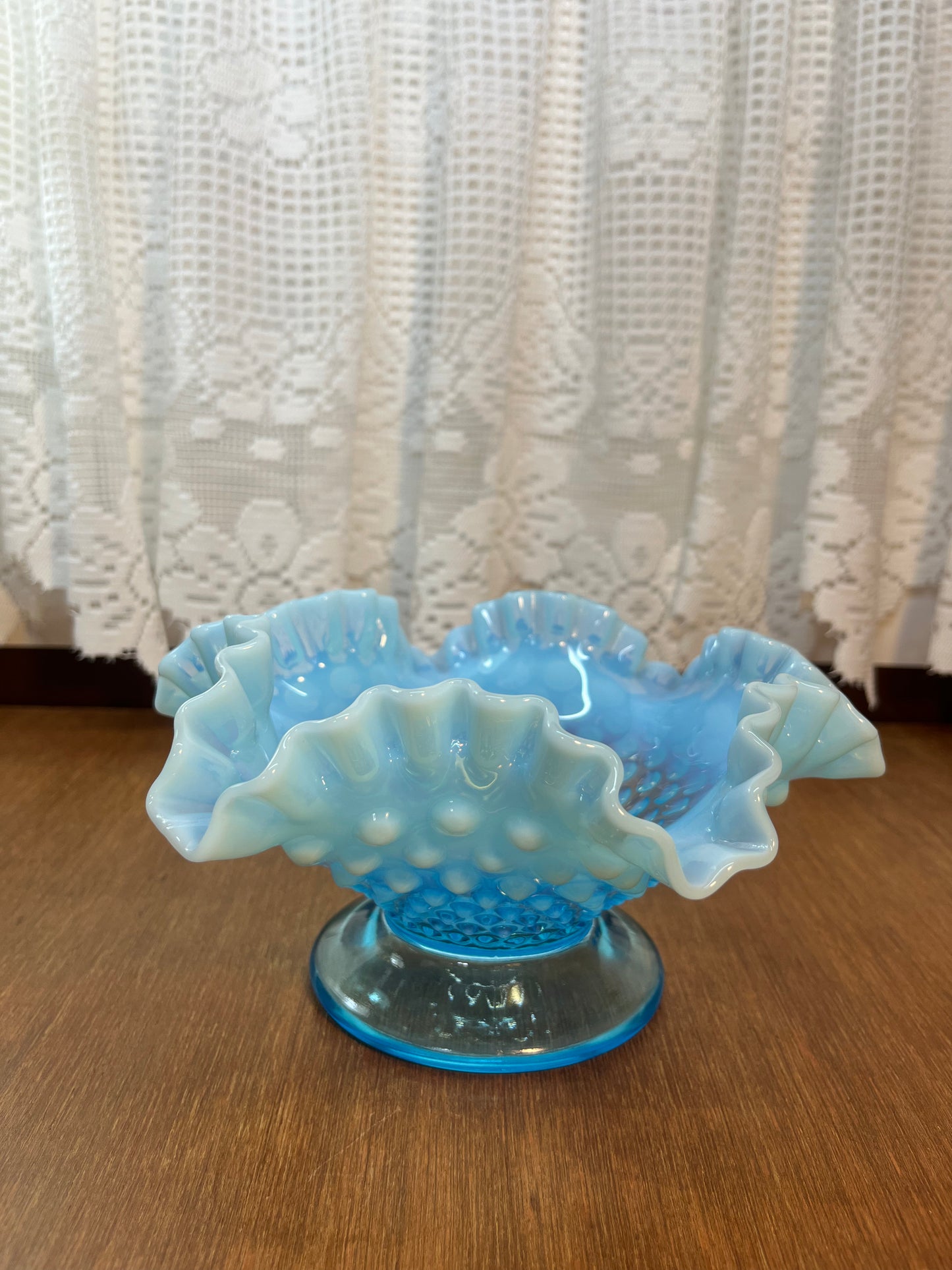 Vintage Opalescent Blue & White Ruffle Top Hobnail Pedestal Dish