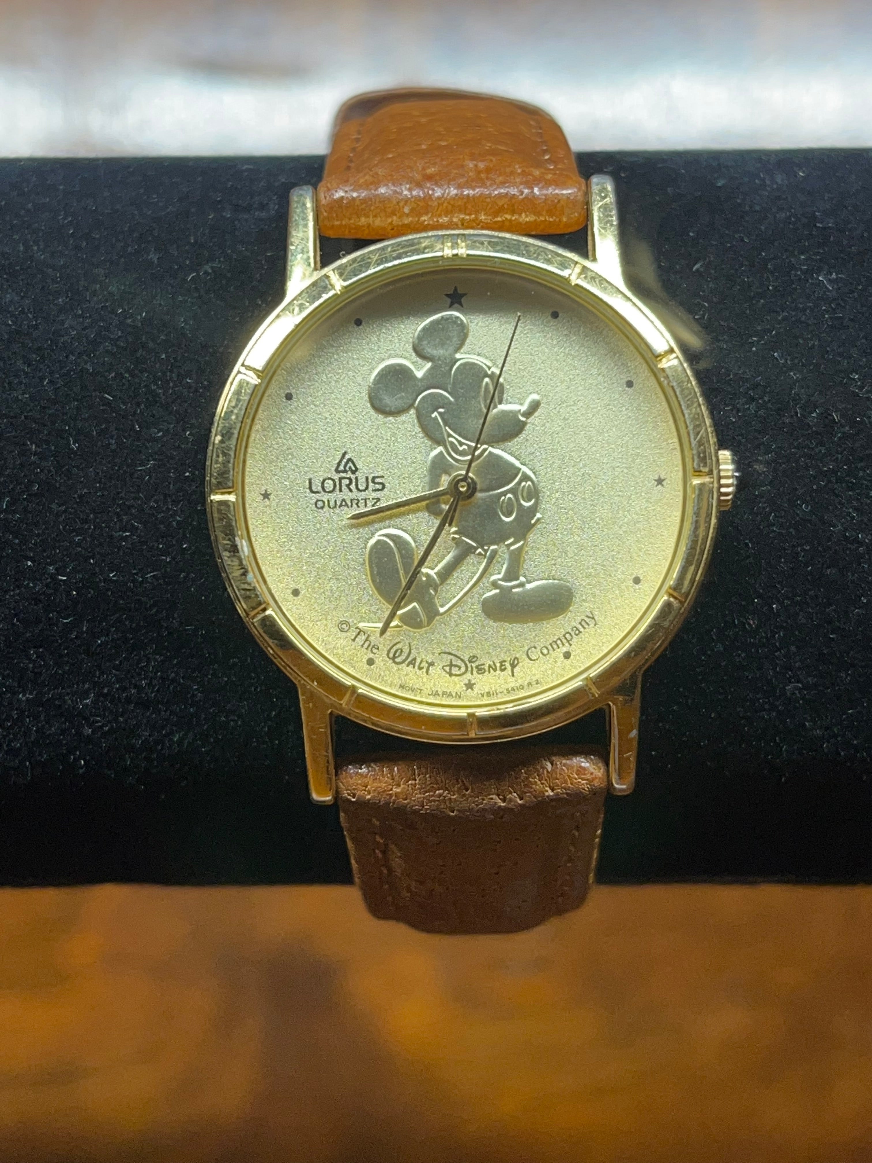 Vintage Disney Mickey Mouse Lorus Gold Face Quartz Watch Traveling with the Moon s