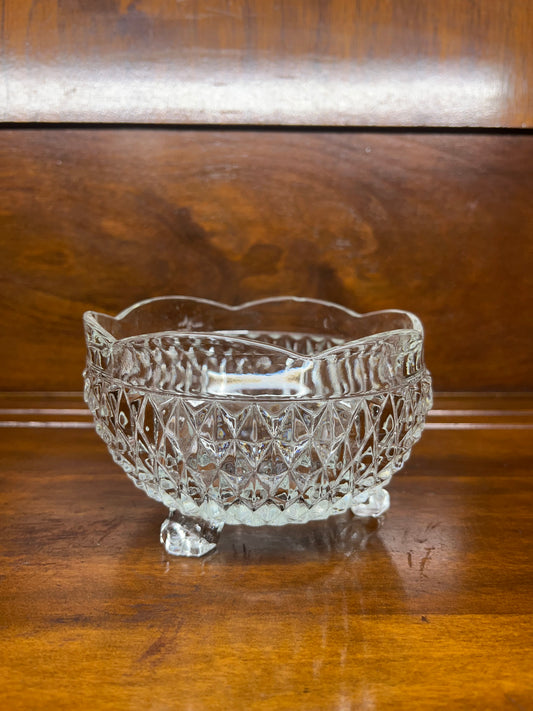 Vintage Footed Glass Diamond Cut Scalloped Edge Bowl