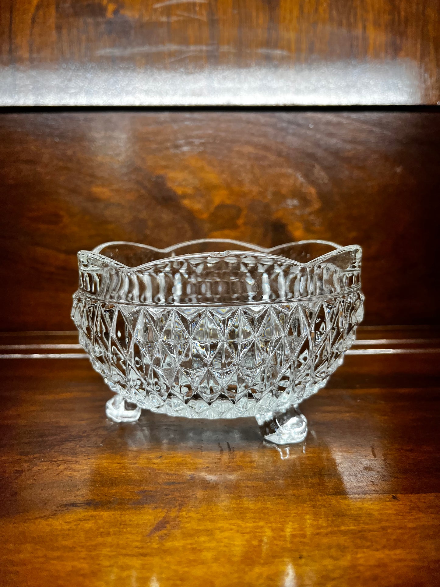 Vintage Footed Glass Diamond Cut Scalloped Edge Bowl