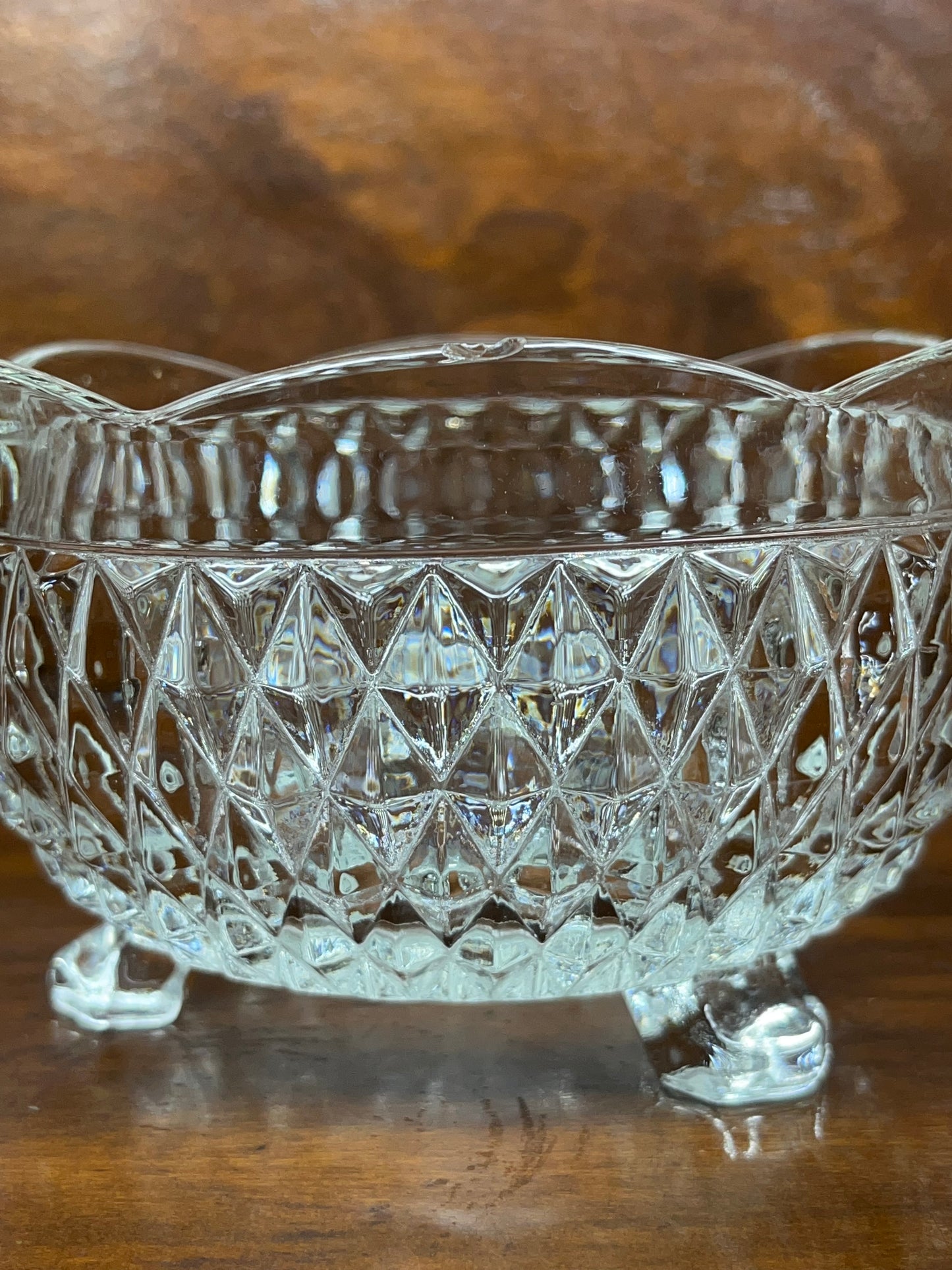 Vintage Footed Glass Diamond Cut Scalloped Edge Bowl