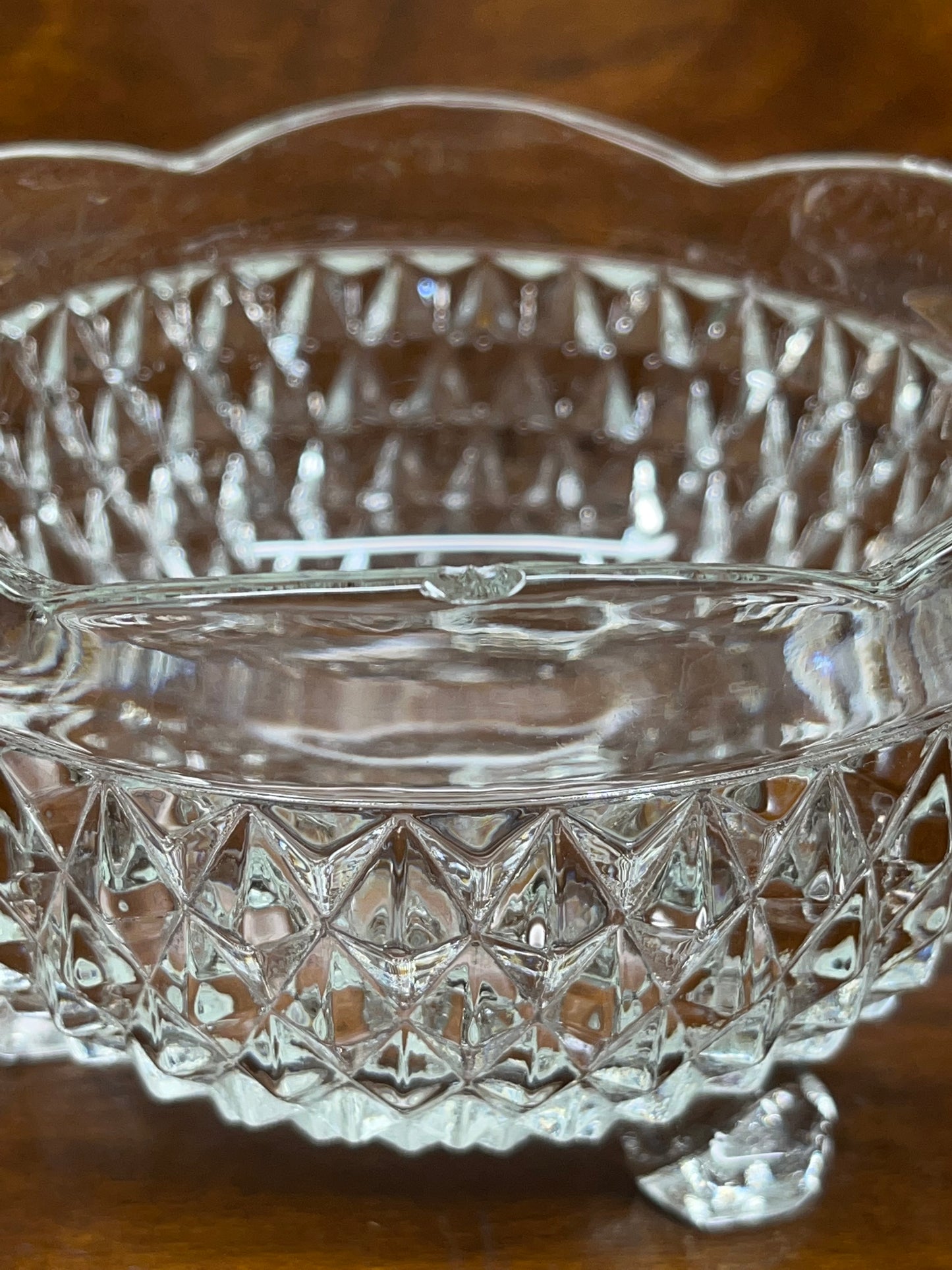 Vintage Footed Glass Diamond Cut Scalloped Edge Bowl