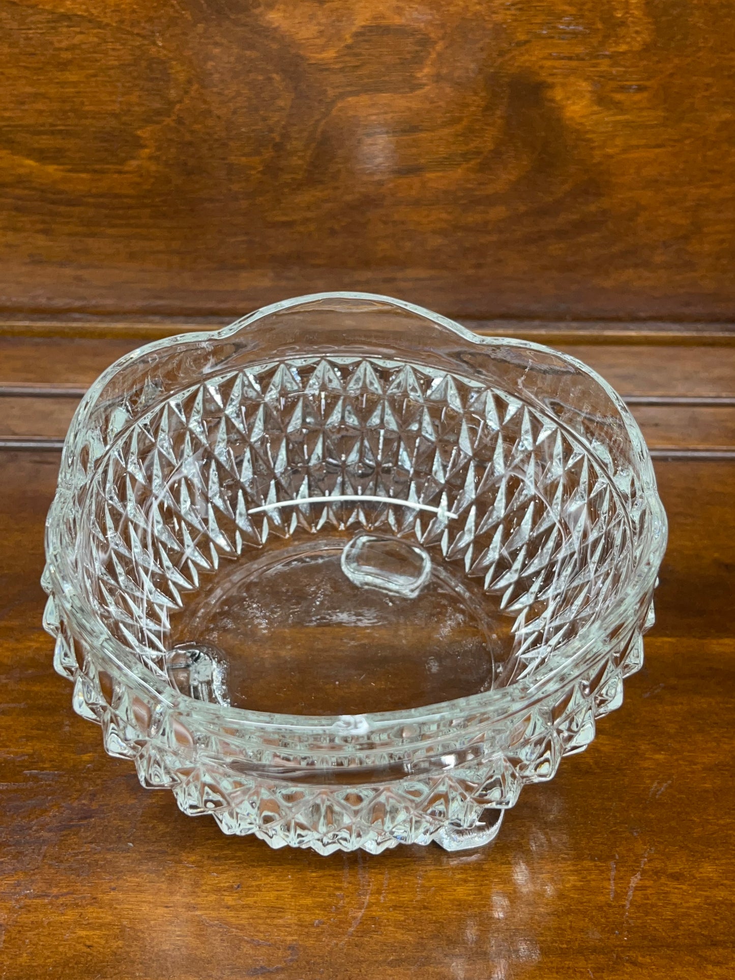 Vintage Footed Glass Diamond Cut Scalloped Edge Bowl