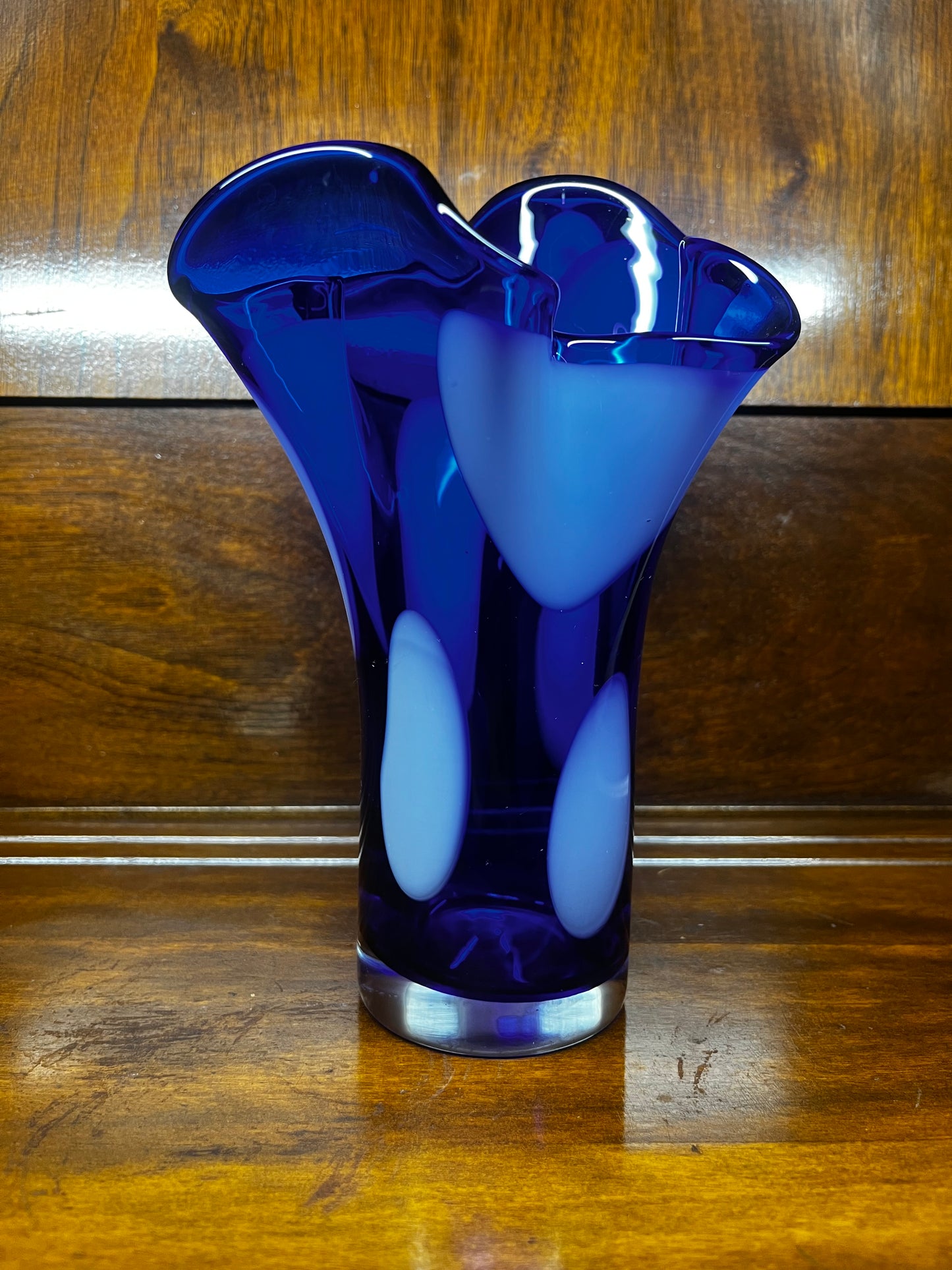 Art Glass Ruffle Top Cobalt Blue With White Spots Vase