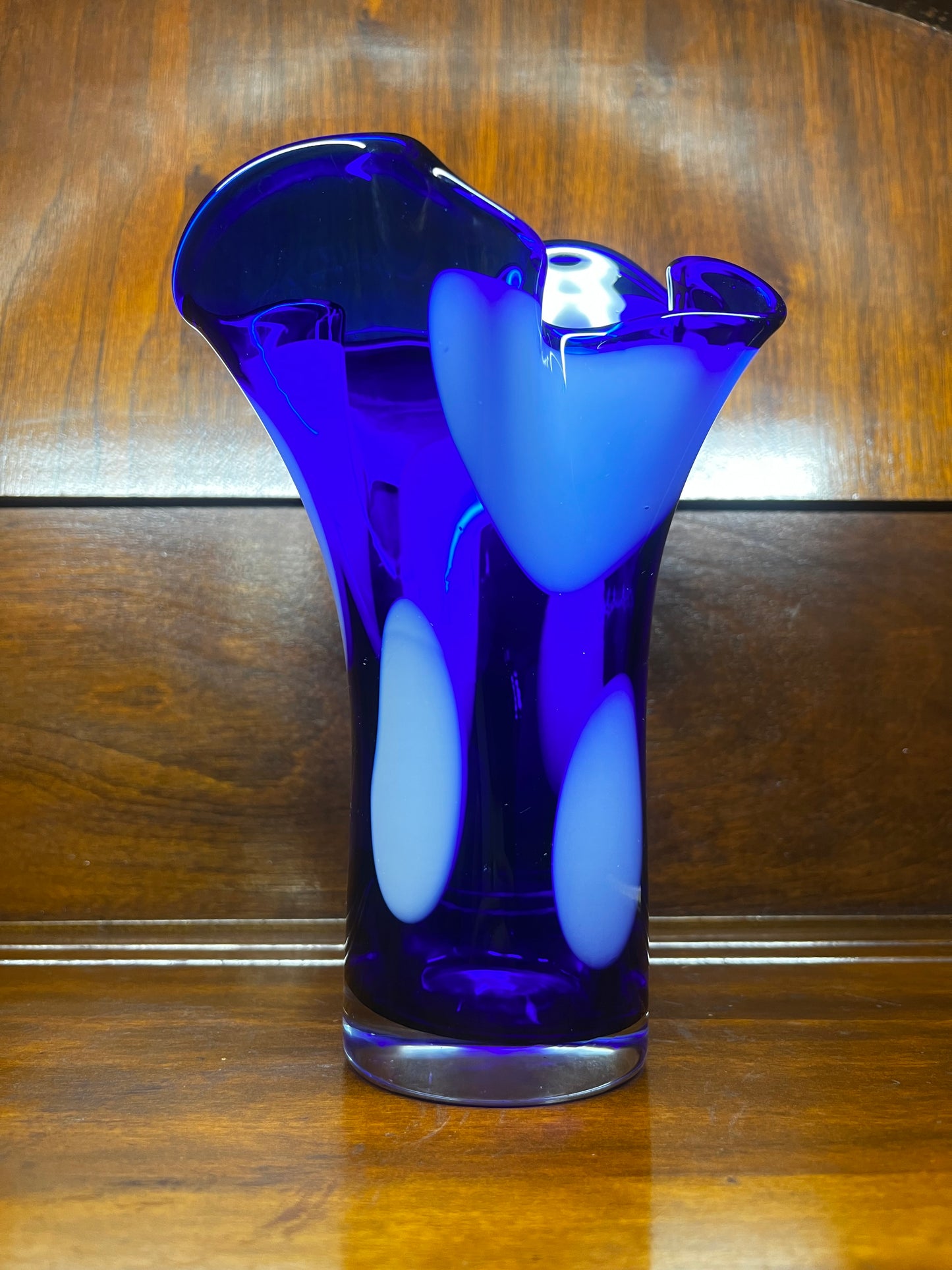 Art Glass Ruffle Top Cobalt Blue With White Spots Vase