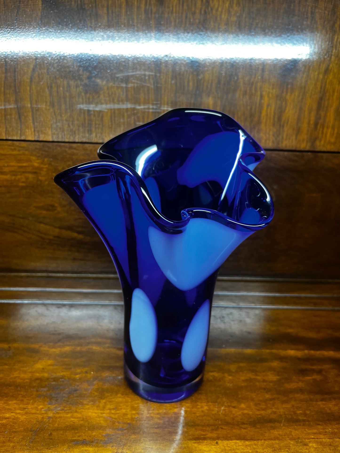 Art Glass Ruffle Top Cobalt Blue With White Spots Vase