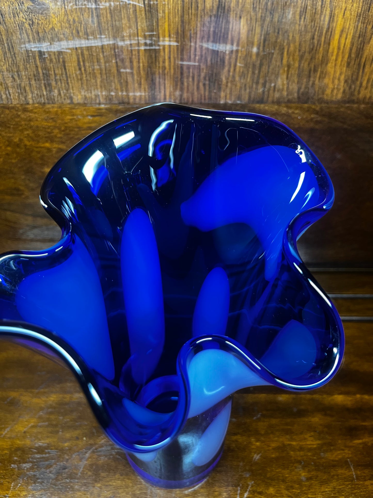 Art Glass Ruffle Top Cobalt Blue With White Spots Vase