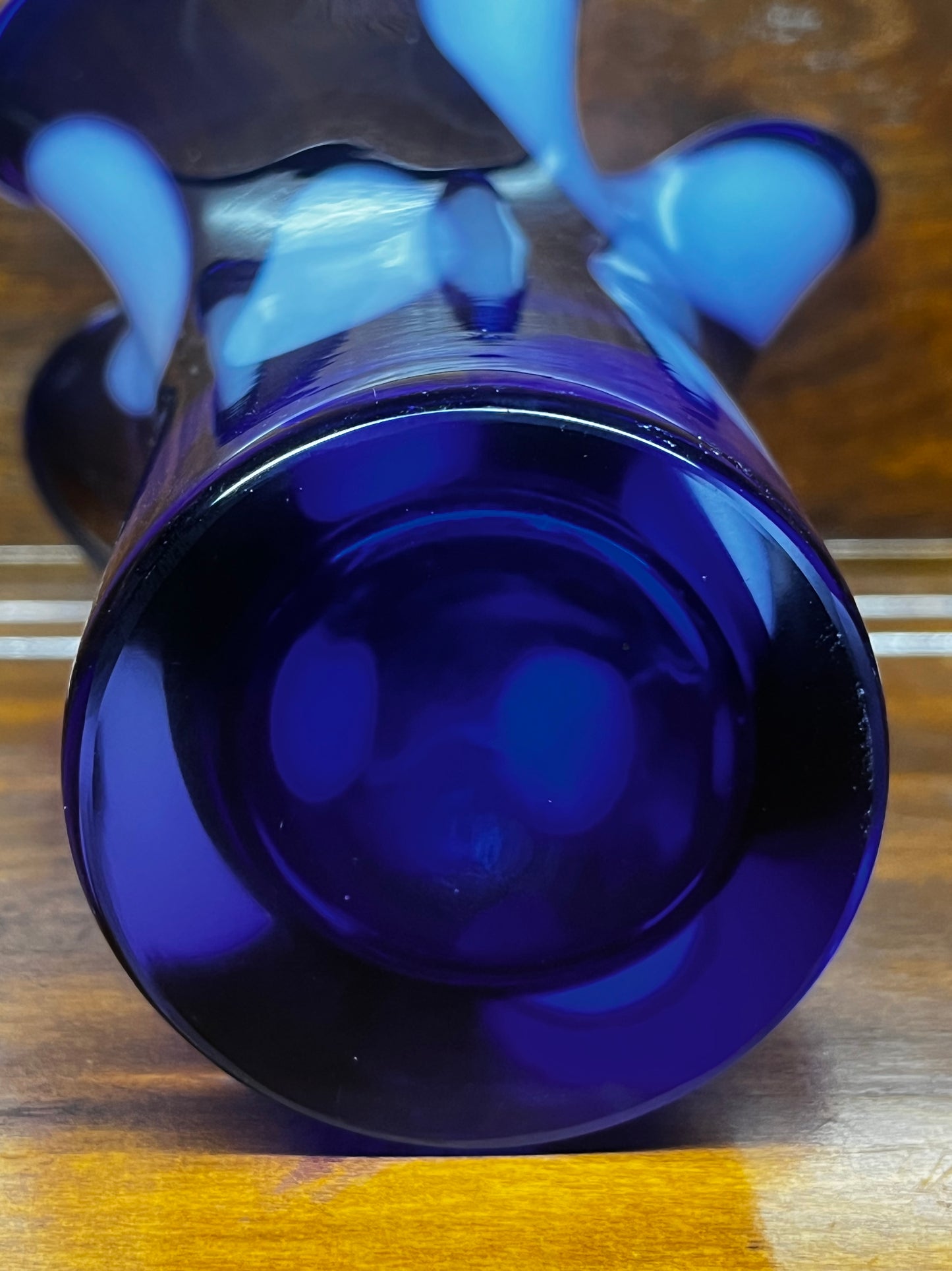 Art Glass Ruffle Top Cobalt Blue With White Spots Vase